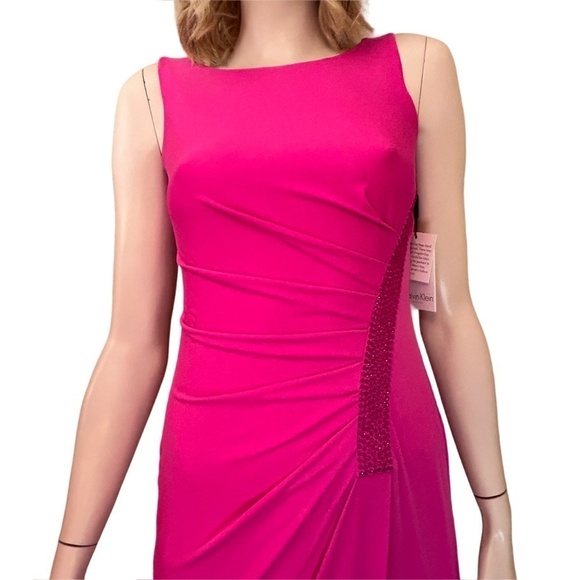 Calvin Klein Dress Gown Train Glass Beading Jersey Knit Ruched Draped Cowl Back - Picture 4 of 16